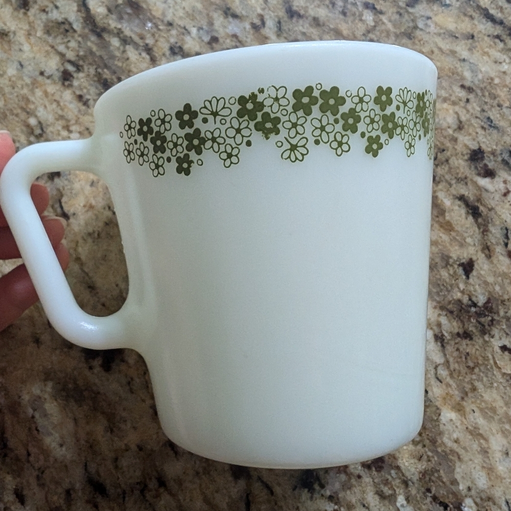 3 Cups Floral Green and White Mugs Pyrex